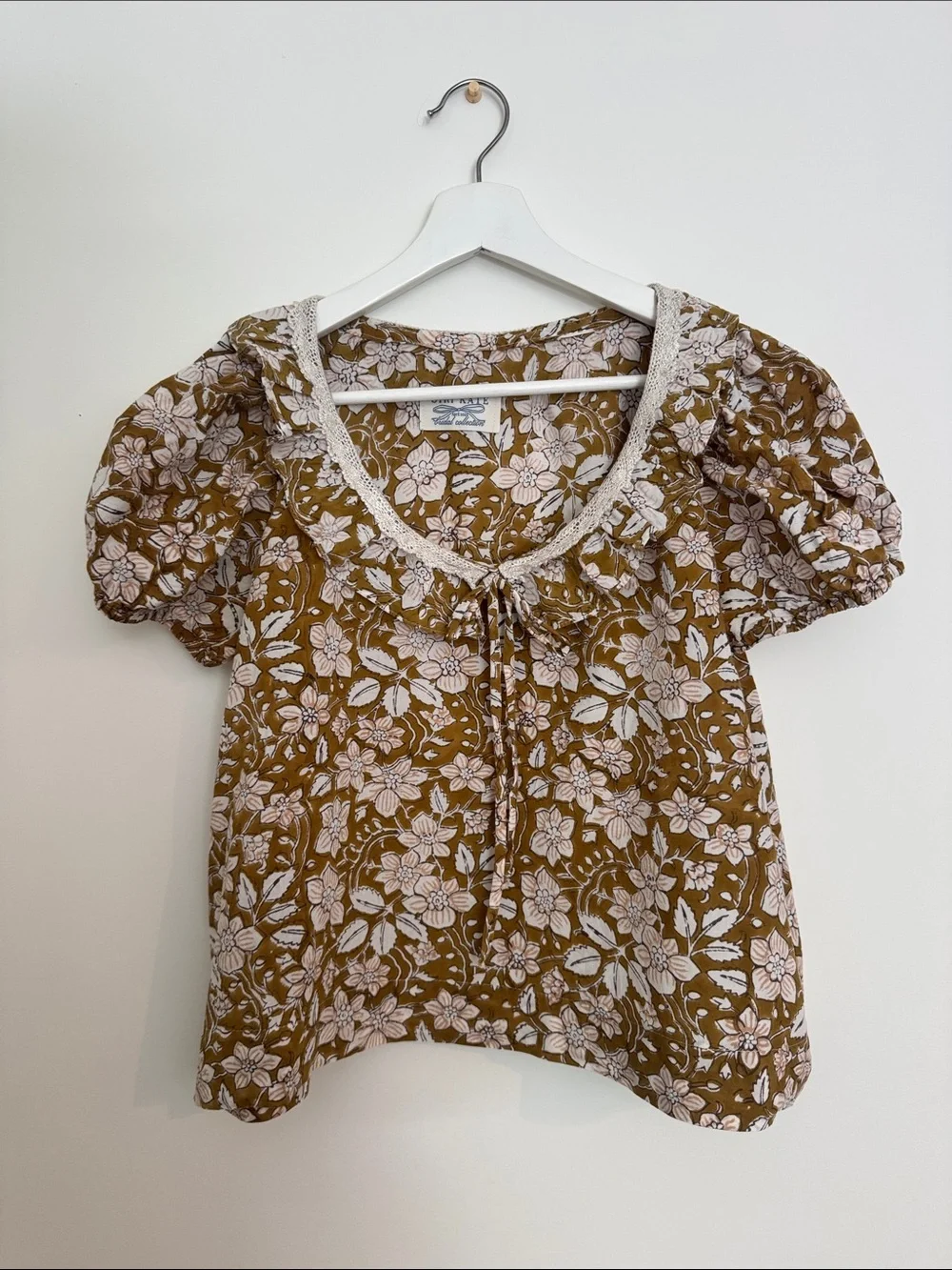 OOAK Mustard Floral Puff-Sleeve Cotton Blouse